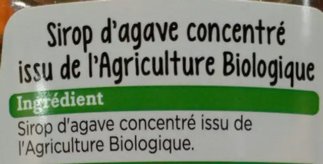 Sirop d'agave Bio ingredients label