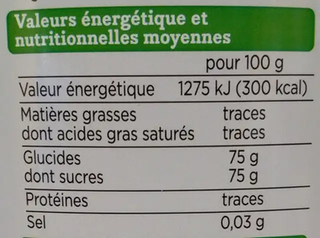 Sirop d'agave Bio nutrition facts table