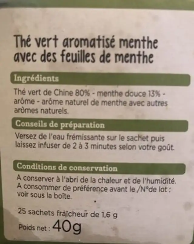 Thé vert de chine ingredients label