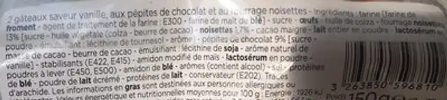 Muffins goût Vanille Fourrage noisettes et pépites de chocolat ingredients label