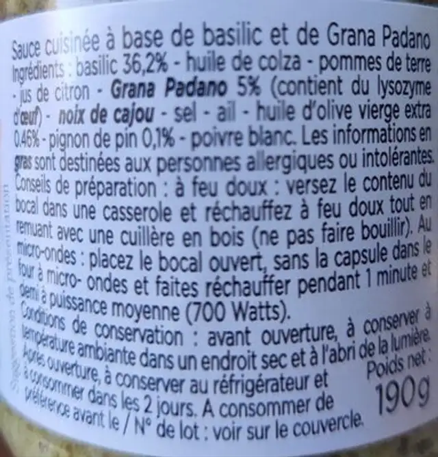 Pesto vert ingredients label