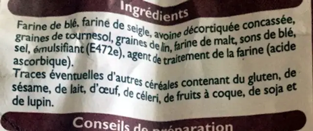 Pain multi-céréales ingredients label