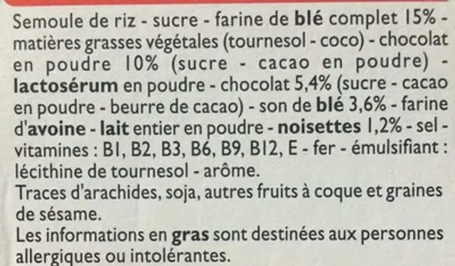 Top Cao Fourré au Chocolat ingredients label