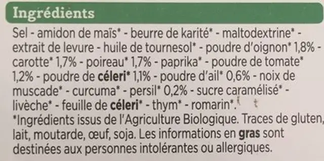 Bouillon cube Légumes ingredients label