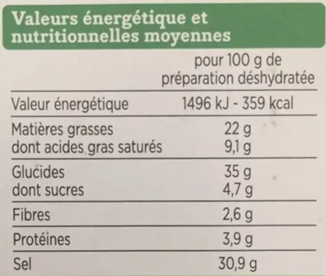 Bouillon cube Légumes nutrition facts table