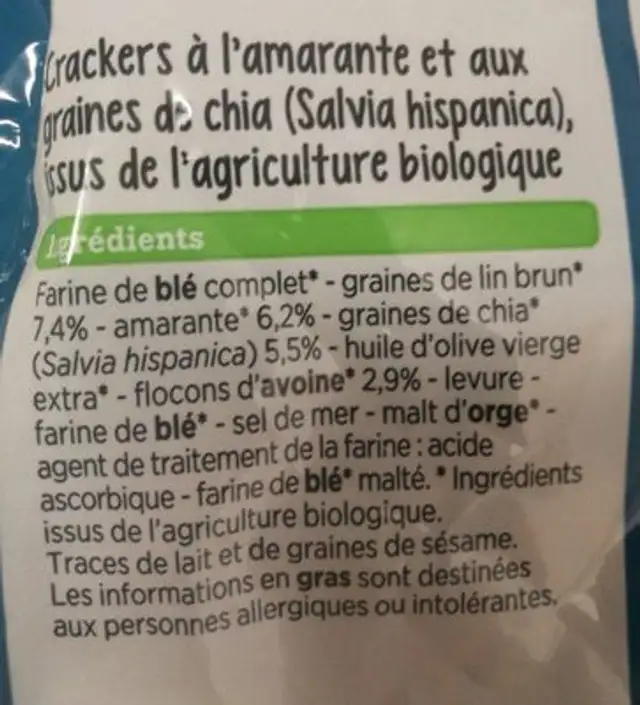 Mini crackers Amarantes et chia ingredients label