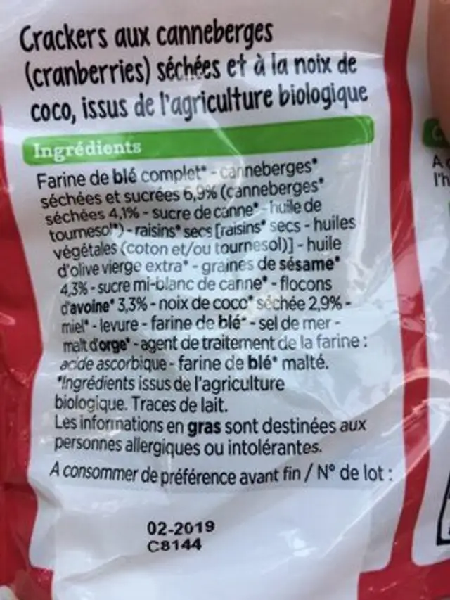 Mini crackers cranberries coco bio ingredients label