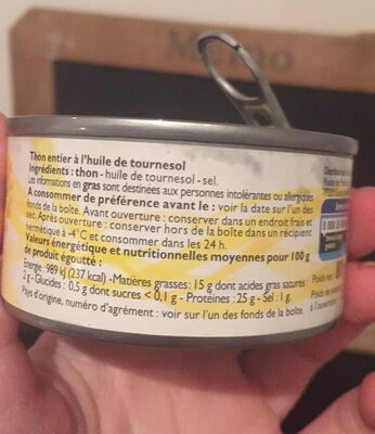 Thon Entier à l'huile de Tournesol ingredients label