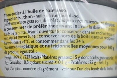 Thon Entier à l'huile de Tournesol nutrition facts table