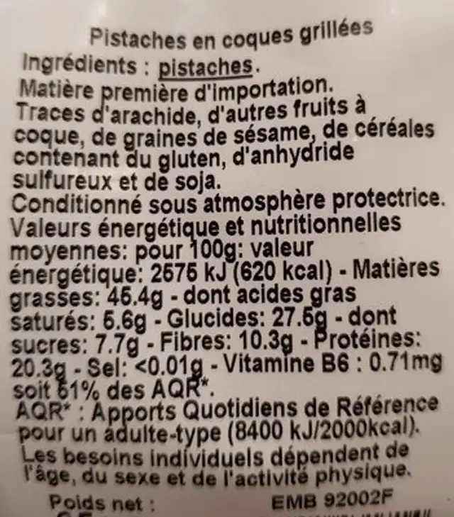 Pistaches ingredients label