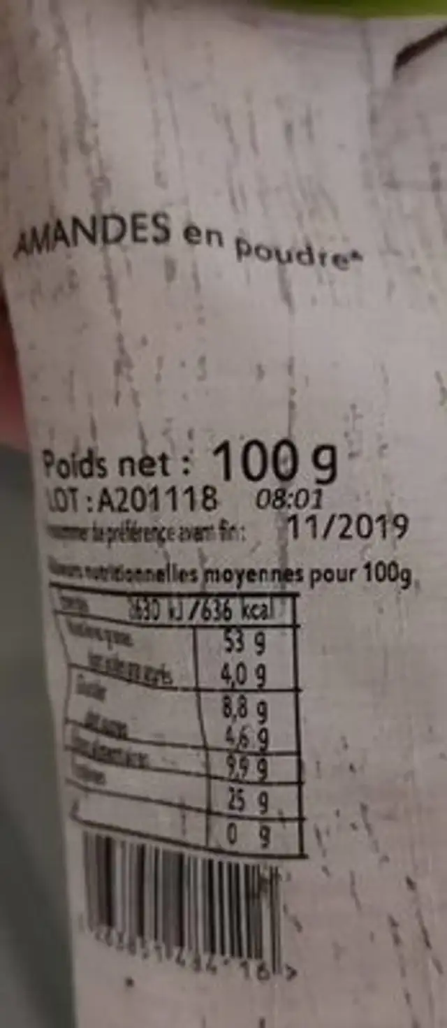Amandes en poudre ingredients label