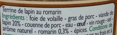 Terrine de lapin au romarin ingredients label