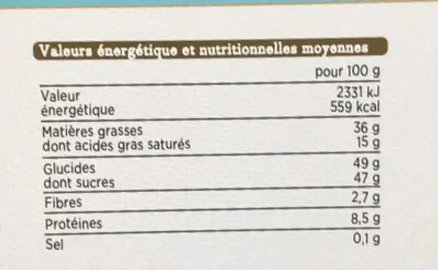 Assortiment chocolats praliné nutrition facts table