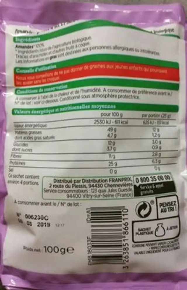 amandes bio grillees sans sel ajoute ingredients label