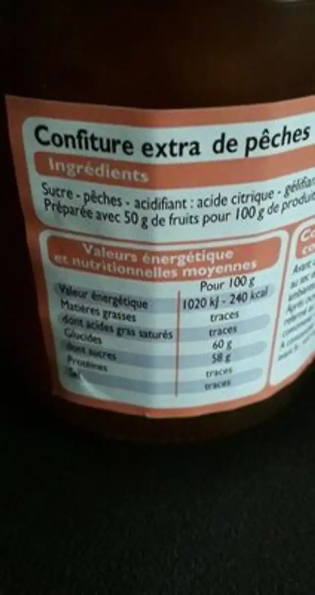 Confiture de pêche nutrition facts table