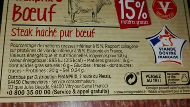Steak haché 15% ingredients label