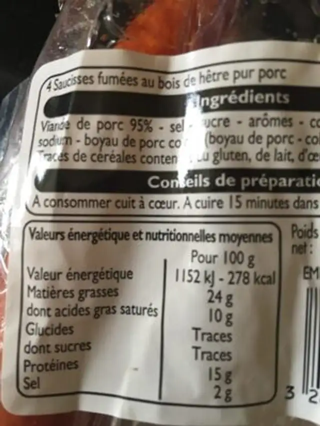 Saucisse fumee ingredients label