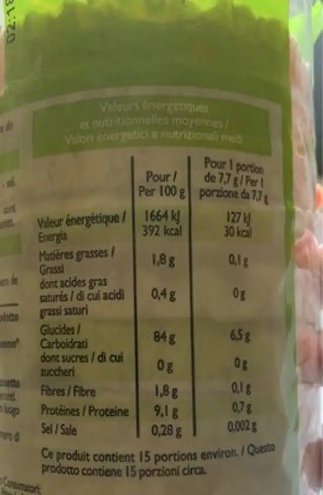 Galette de riz complet sésame nutrition facts table