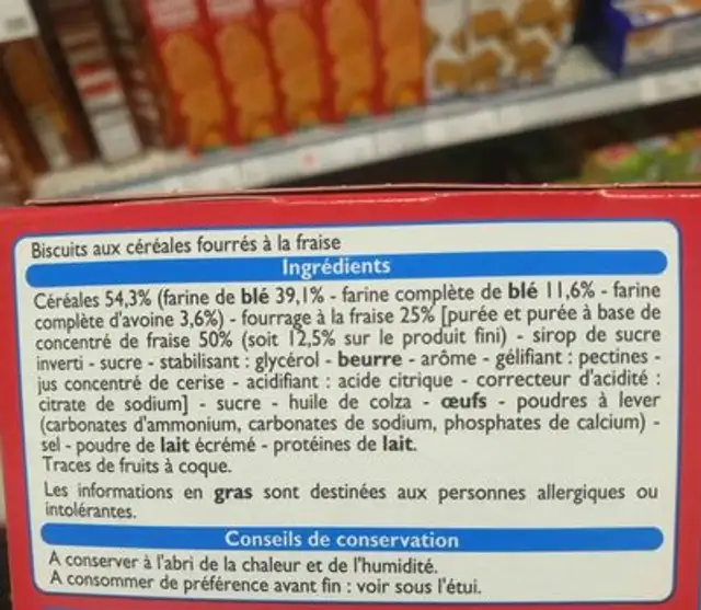 Mini Biscuits Fourrés Fraise ingredients label