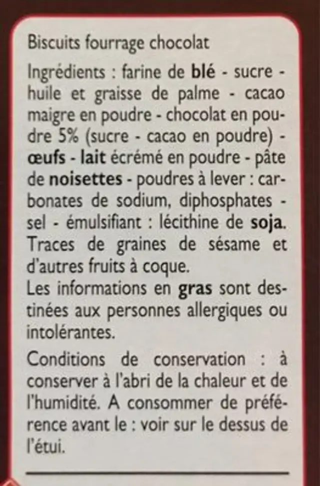 Goûters fourrés chocolat ingredients label