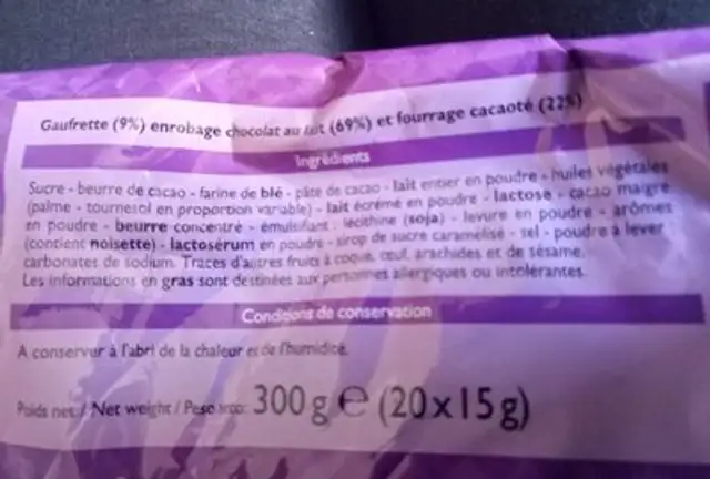 Mini gaufrettes croustillantes ingredients label