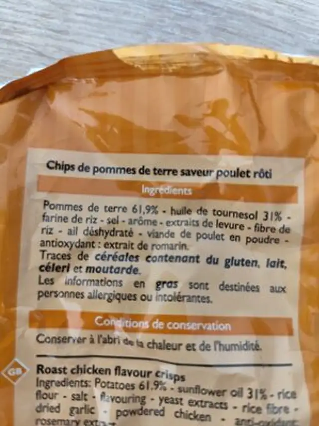 Chips saveur poulet roti ingredients label