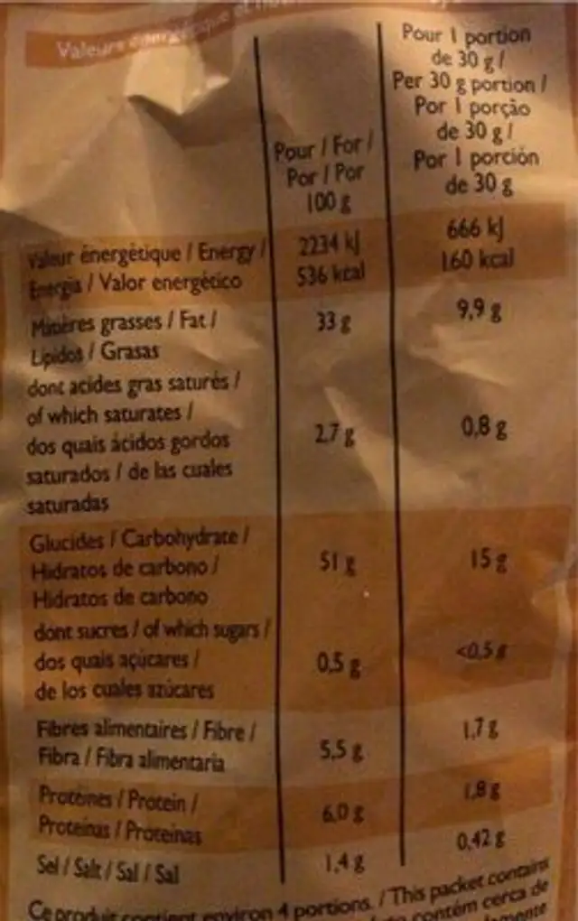 Chips saveur poulet roti nutrition facts table