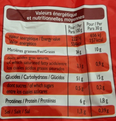 Chips nature blondes et croustillantes nutrition facts table