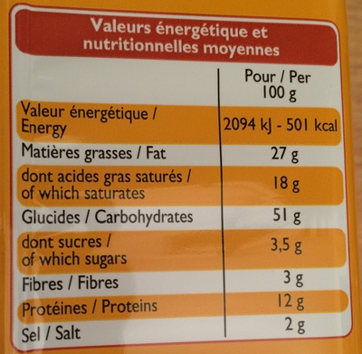 Flûtes au fromage pur beurre nutrition facts table