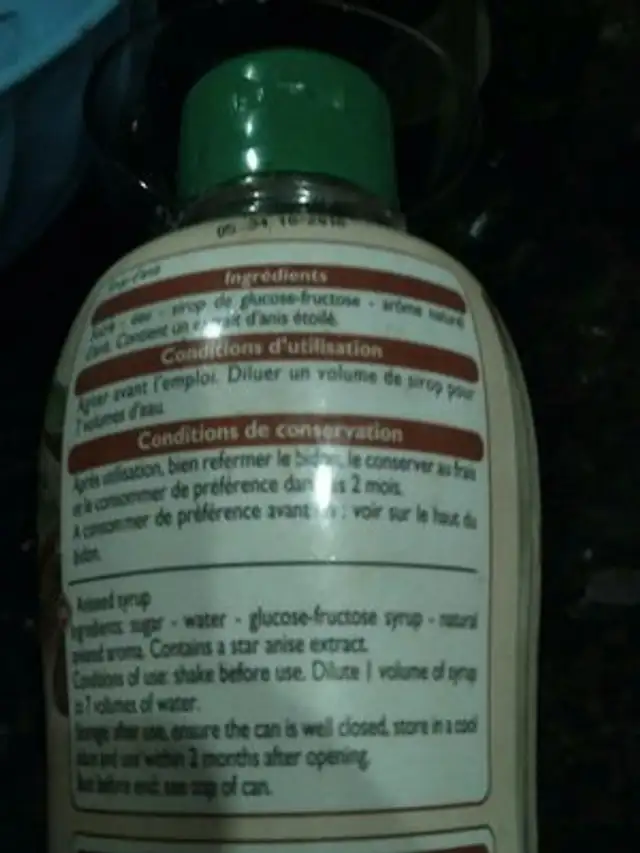 Sirop d'anis ingredients label