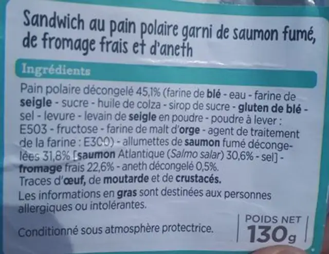 Sandwich saumon aneth ingredients label