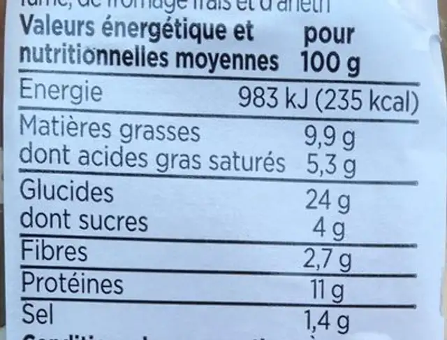 Sandwich saumon aneth nutrition facts table