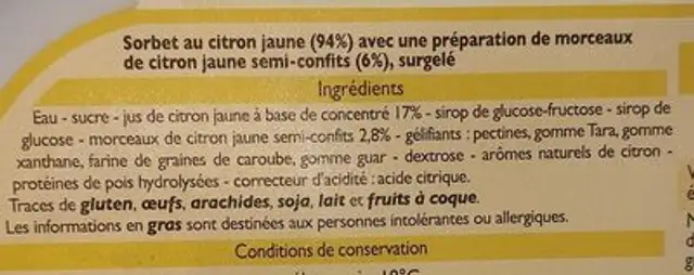 Sorbet citron ingredients label