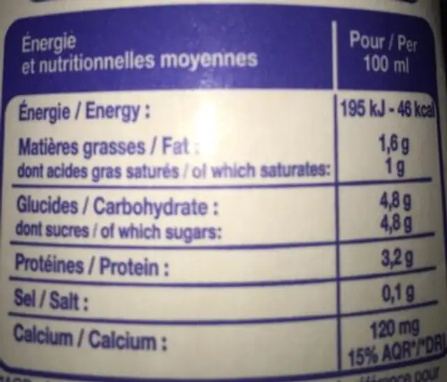 Lait stérilisé UHT demi écrémé ingredients label