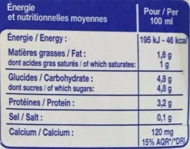 Lait stérilisé UHT demi écrémé nutrition facts table