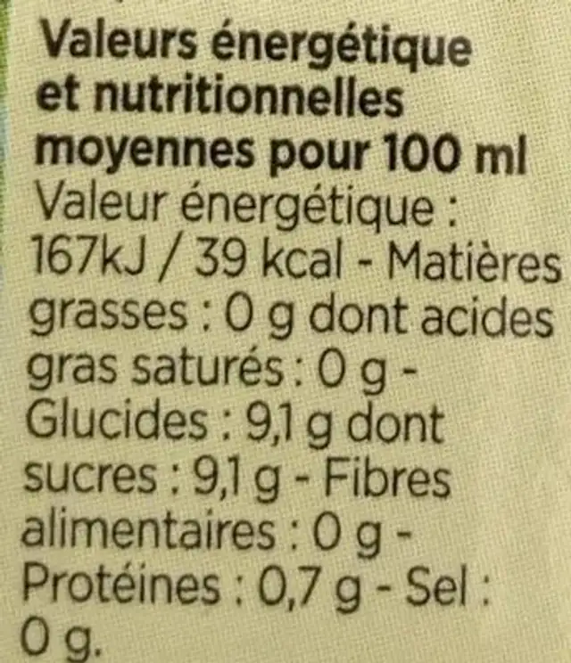 le 100% pur jus Bio Orange nutrition facts table