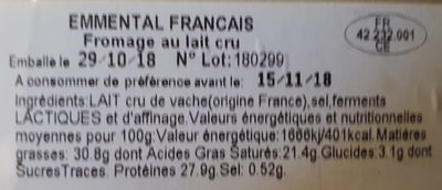 Emmental français au lait cru de vache ingredients label