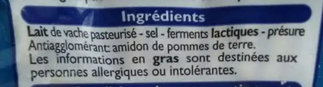 Mozzarella Râpée ingredients label