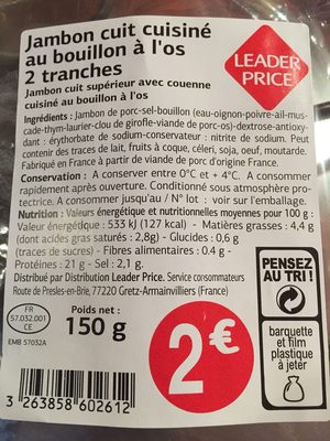 Jambon cuit cuisiné au bouillon à l'os 2 Tranches front packaging