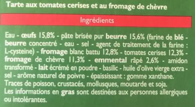 Snack tarte tomates chèvre ingredients label