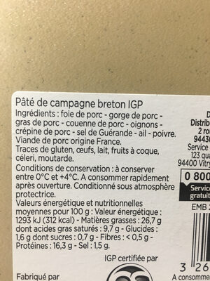 Pâté de campagne breton IGP ingredients label