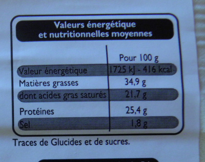 Cheddar Extra Mature (34,9% MG) nutrition facts table