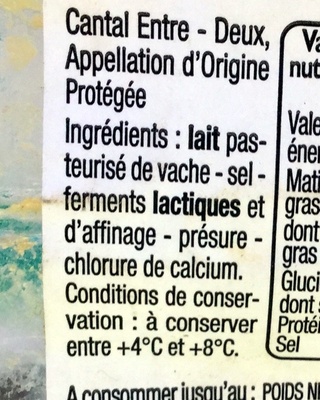 Cantal Entre-deux AOP ingredients label