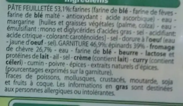 2 Feuilletés Chèvre Épinards ingredients label