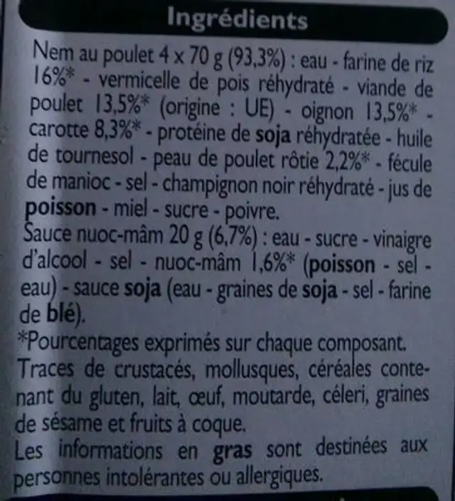 Délices du Monde - Nems au Poulet et sauce Nuoc Mâm ingredients label