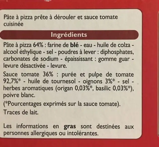 Kit à Pizza ingredients label