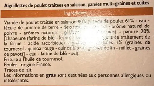 Aiguillettes de poulet panees ingredients label