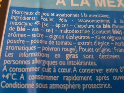 Morceaux de poulet a la mexicaine ingredients label