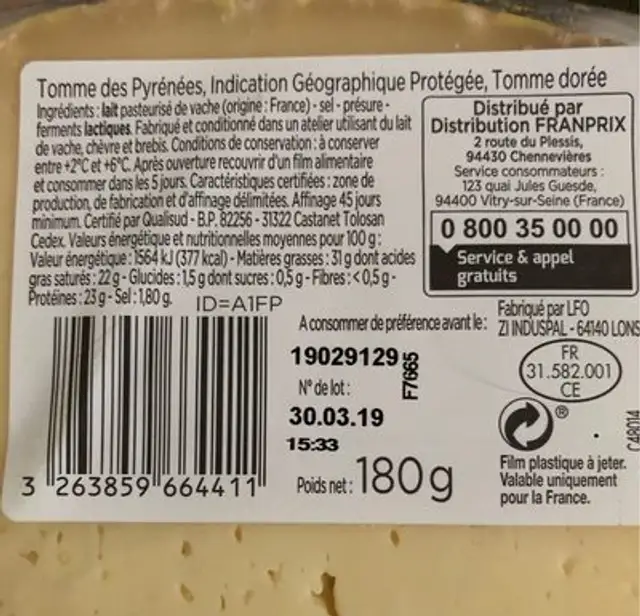 Tomme des pyrenees IGP ingredients label