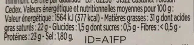 Tomme des pyrenees IGP nutrition facts table
